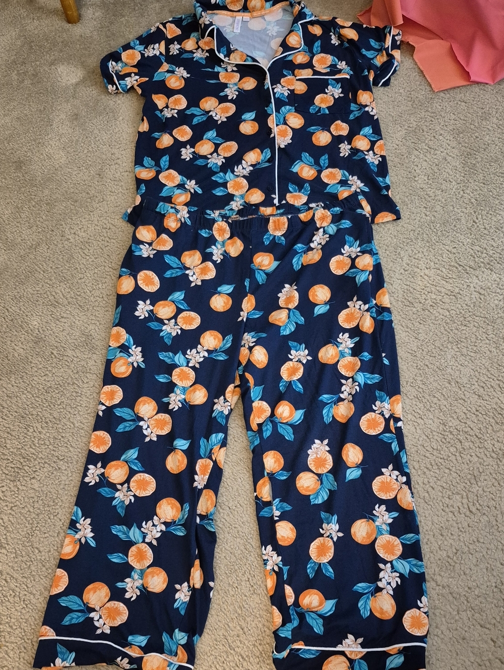 Size LARGE NEW W/O TAGS..Navy Blue Pajamas With Oranges By Joyspun